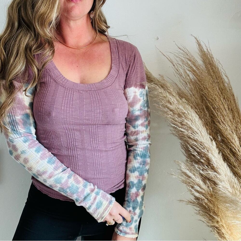 FREE PEOPLE Purple White Big Sur Ribbed Thermal Tie Dye Long Sleeve Shirt Top XS